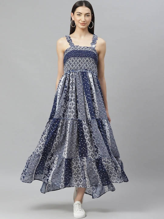 Myshka Navy Blue And White Geometric Printed Maxi Tiered Dress - Distacart
