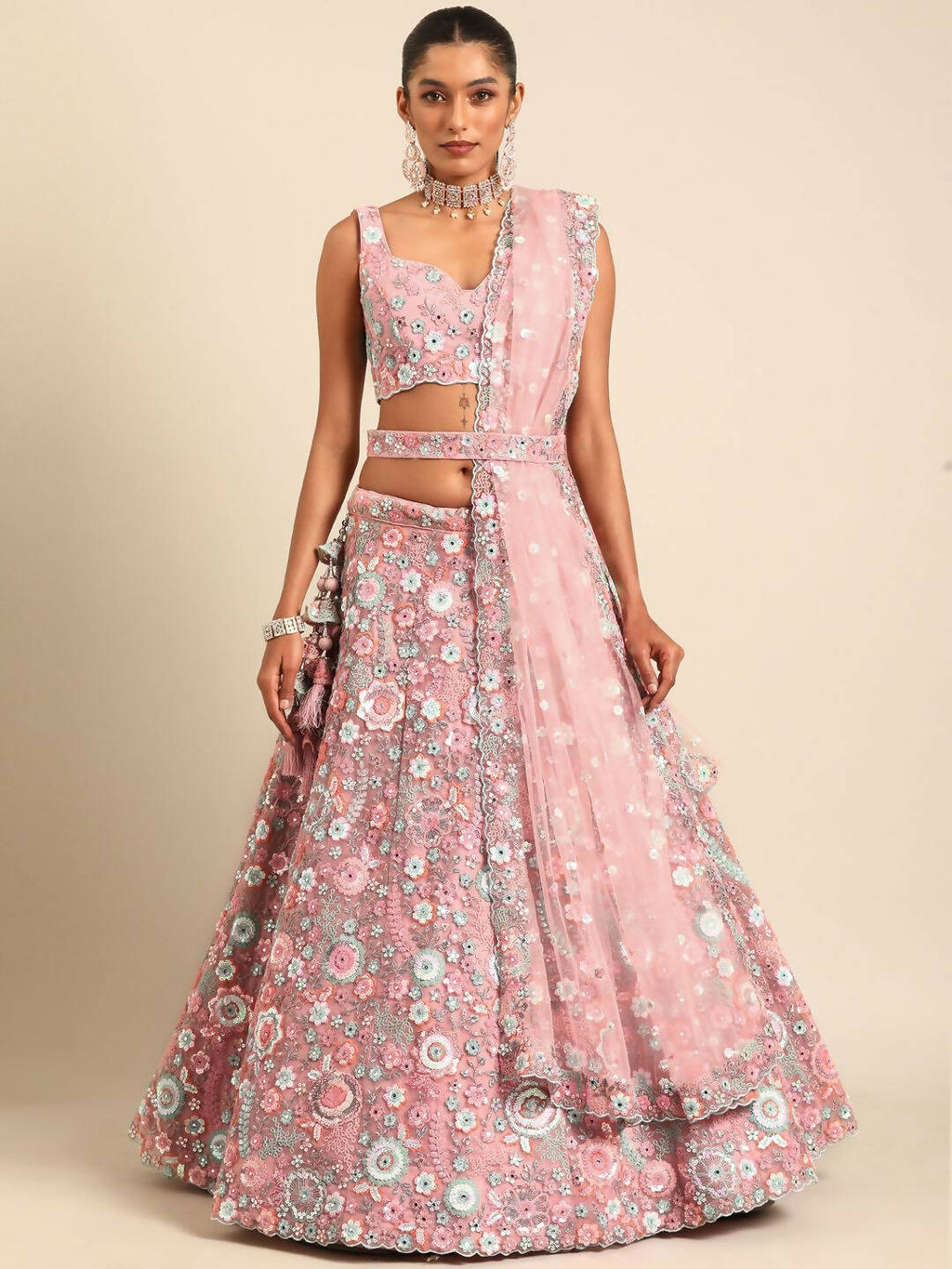 House of Panchhi Pink Net Sequins, Mirror and thread embroidery Lehenga choli & Dupatta