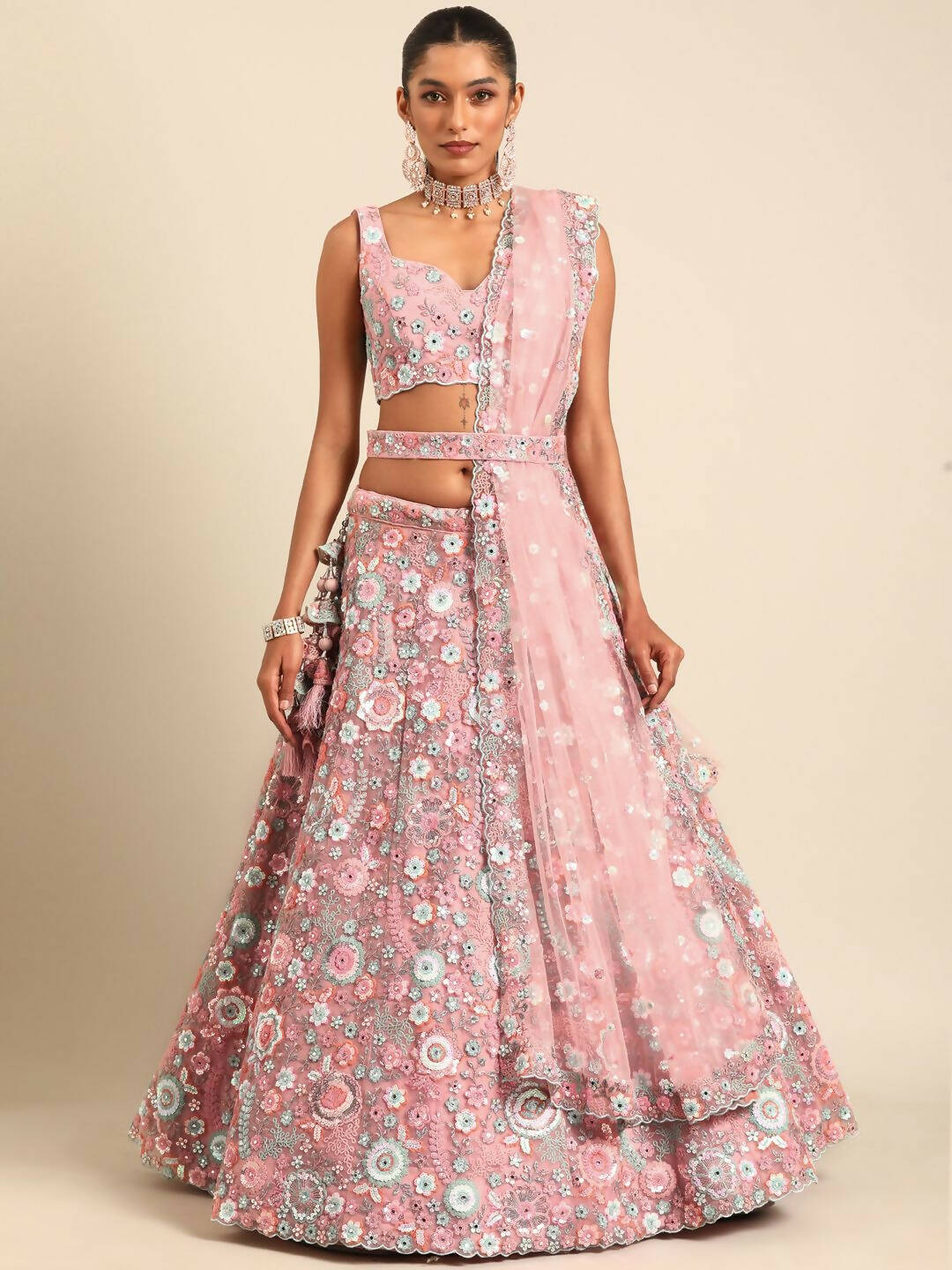 House of Panchhi Pink Net Sequins, Mirror and thread embroidery Lehenga choli & Dupatta