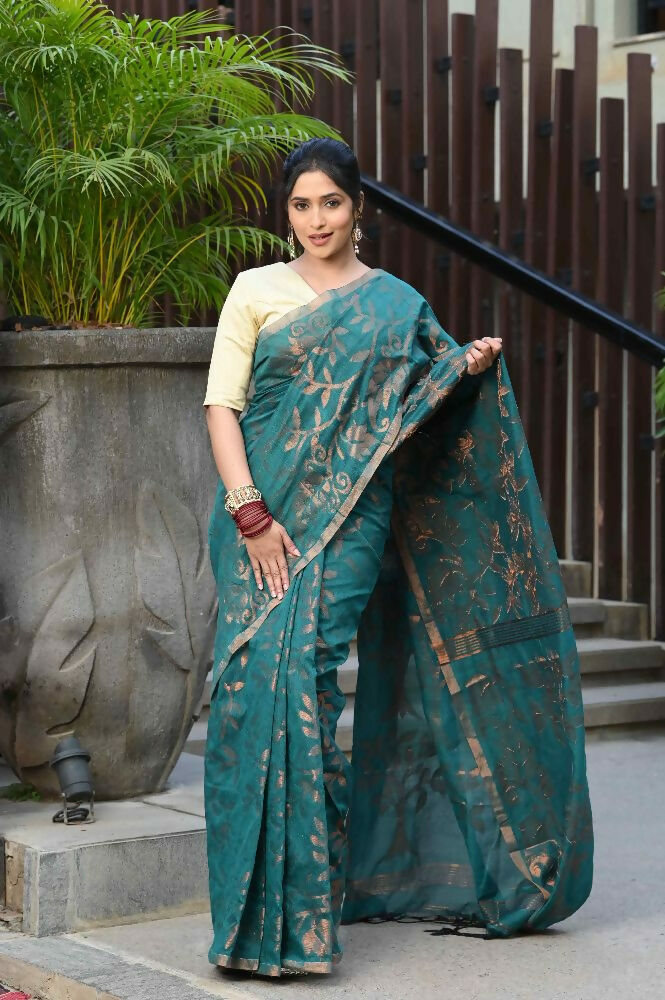 Beatitude Green Cotton Floral Jamdani Saree