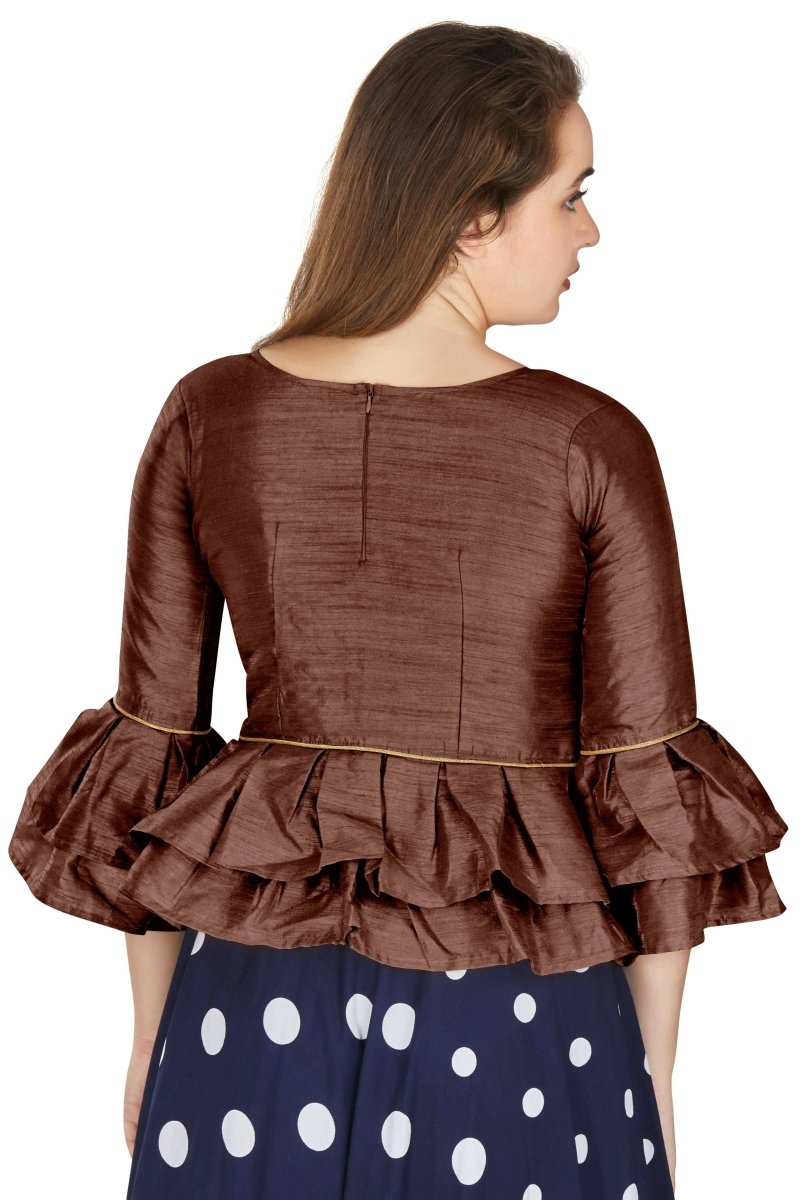 Aastha Fashion Women's Coffee Art Silk Bell Sleeves attire with Poly Cotton Lining Blouse