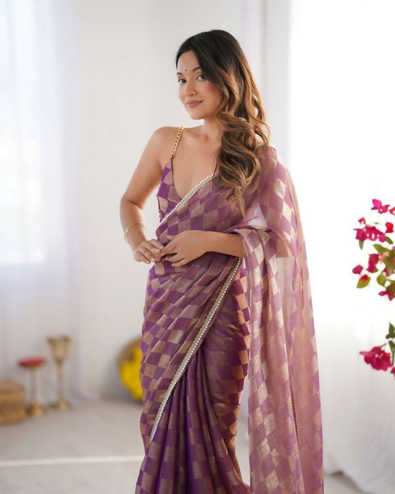 NC Chiffon Chex Wevon Chex Designer, Lace Party Wear Saree - Purple