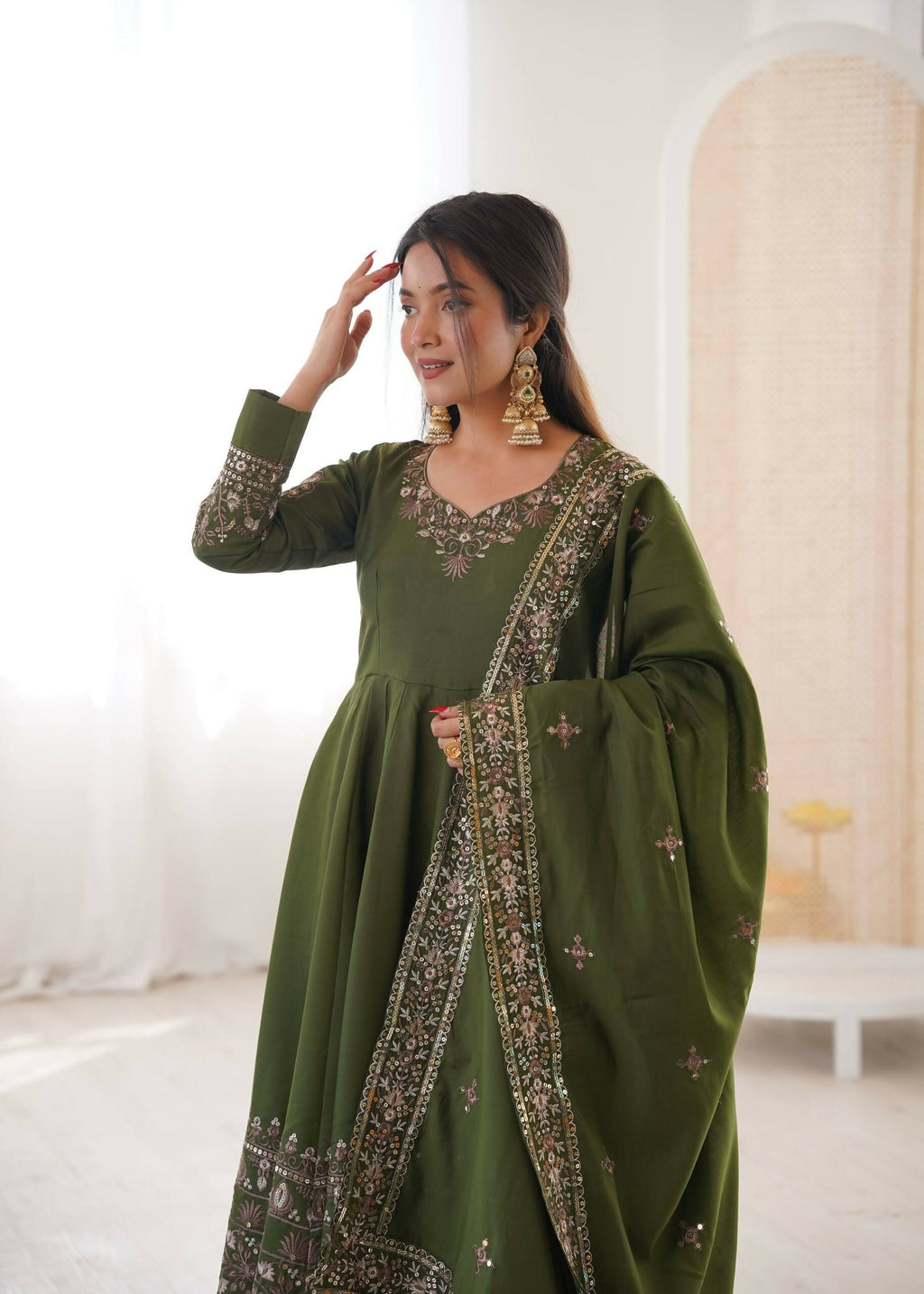 Teeya Creation Green Roman Silk Embroidery Work Party Wear Long Gown - Distacart