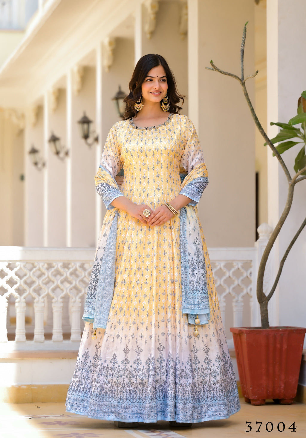 Partywear Designer Yellow Dola Silk Anarkali suit with Dupatta - Samyukta