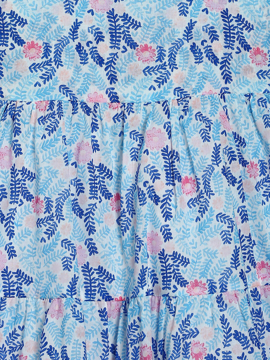 Manet Girls Cotton Layer Frock Leaf Printed - Blue