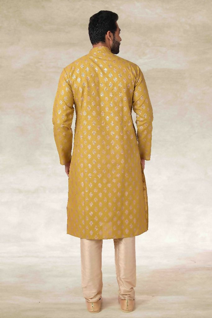 Raivat Ethnic Cotton Printed Work Kurta Pajama In Mustard Colour