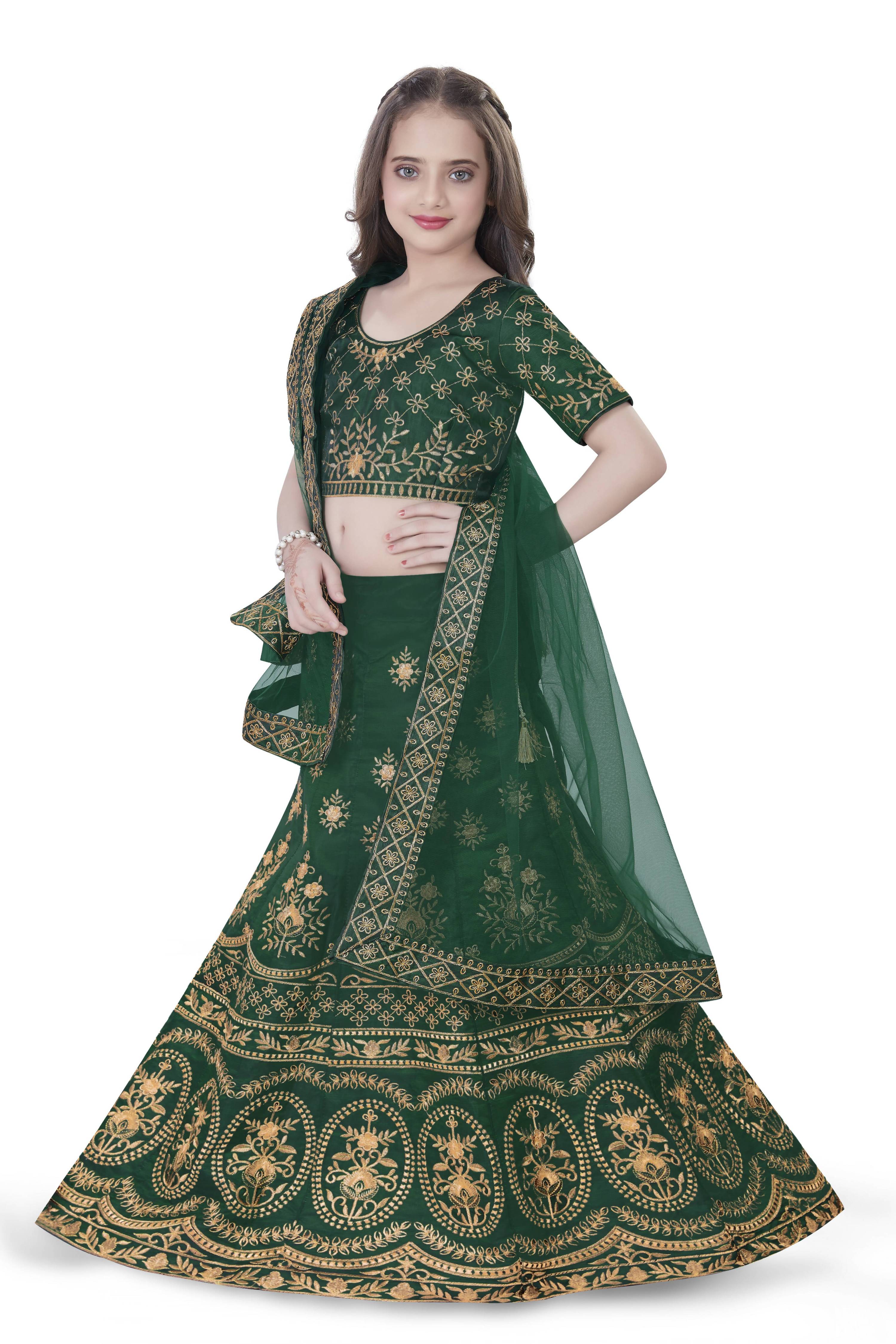 Dwiden Green Lehriyu Tafetta Sattin Semi-Stitched Girl's Lehenga Choli