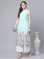 Ahalyaa Women's Sky Blue Rayon Printed Kurta Palazzo Set
