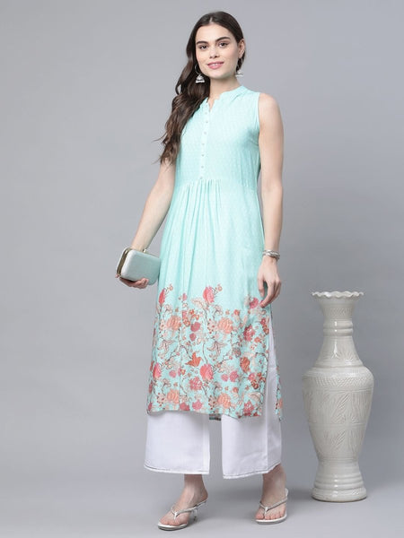 Ahalyaa Women's Sky Blue Rayon Printed Kurta Palazzo Set