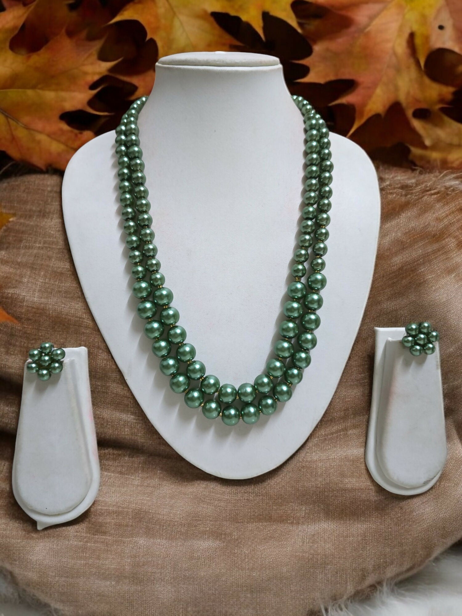 Inhanns Everyday Workwear Pearl Set (Double Layered Pearls) - Green