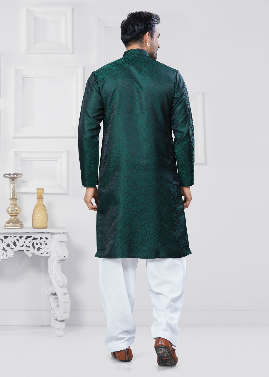 Joban Fashion Men's Jacquard Silk Green Printed Kurta Pyjama set