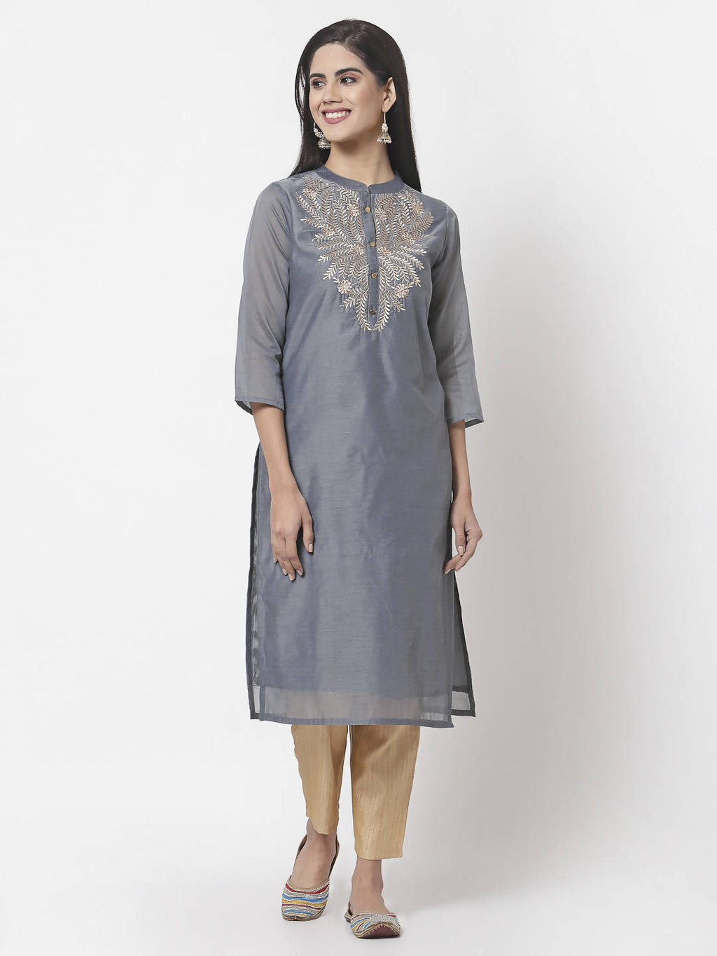 Myshka Women Grey Chanderi Embroidered 3/4 Sleeve Round Neck Kurta