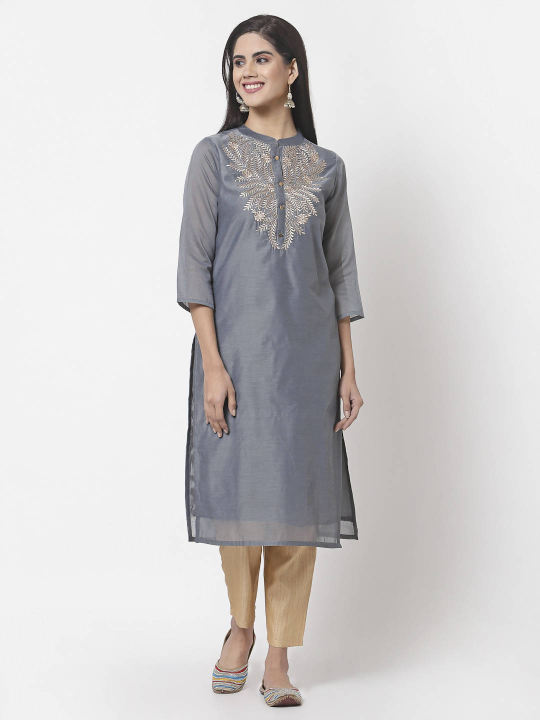 Myshka Women Grey Chanderi Embroidered 3/4 Sleeve Round Neck Kurta