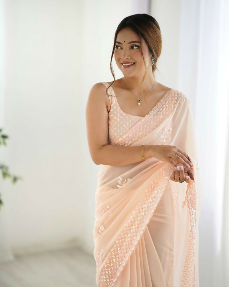Attractive Looking Georgette Thread, Sequance Embroidery Work Party Wear Saree - Peach