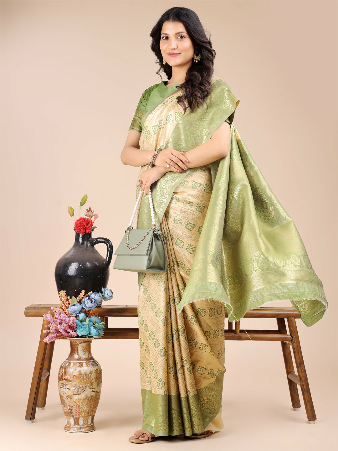 Shree Shyam Fashion Aura Silk Cream Light Green Banarasi Silk Saree