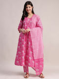 Aavyora Women's Pink Floral Print Cotton A-Line Kurta with Striped Trouser & Dupatta