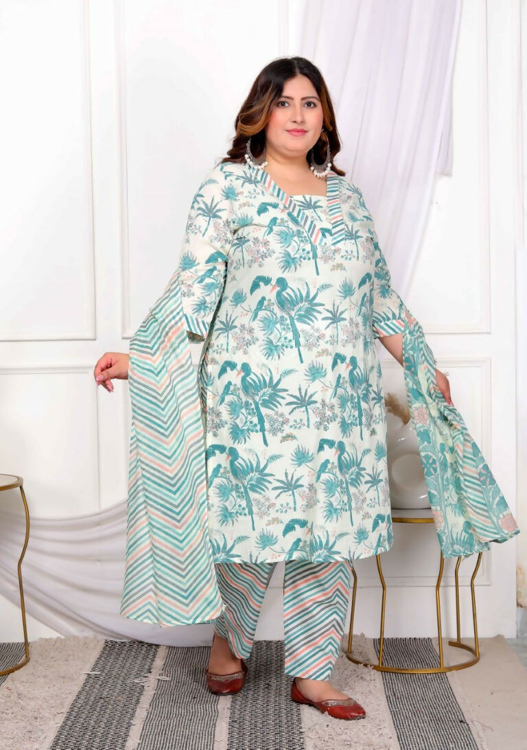 Miravan Women's Plus Size Cotton Light Green Scenic Birds And Leaf Floral Printed Straight Pakistani Style Suit Set