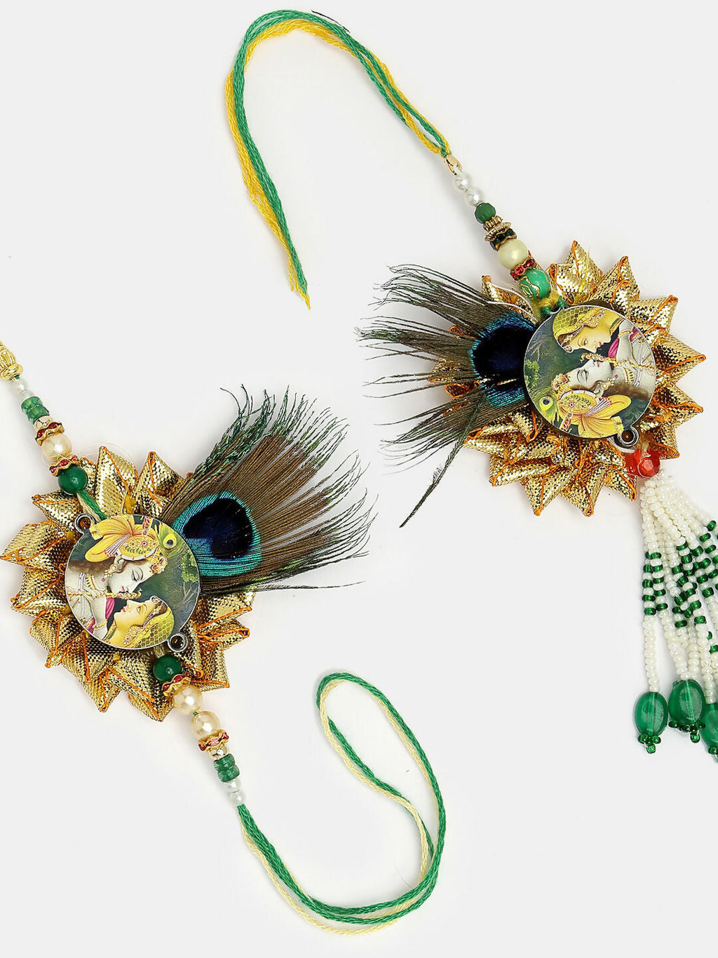 NVR Women & Men Set of 2 Green Radha Krishna Beaded Bhaiya Bhabhi Rakhi With Roli Chawal & Chocolate - Distacart