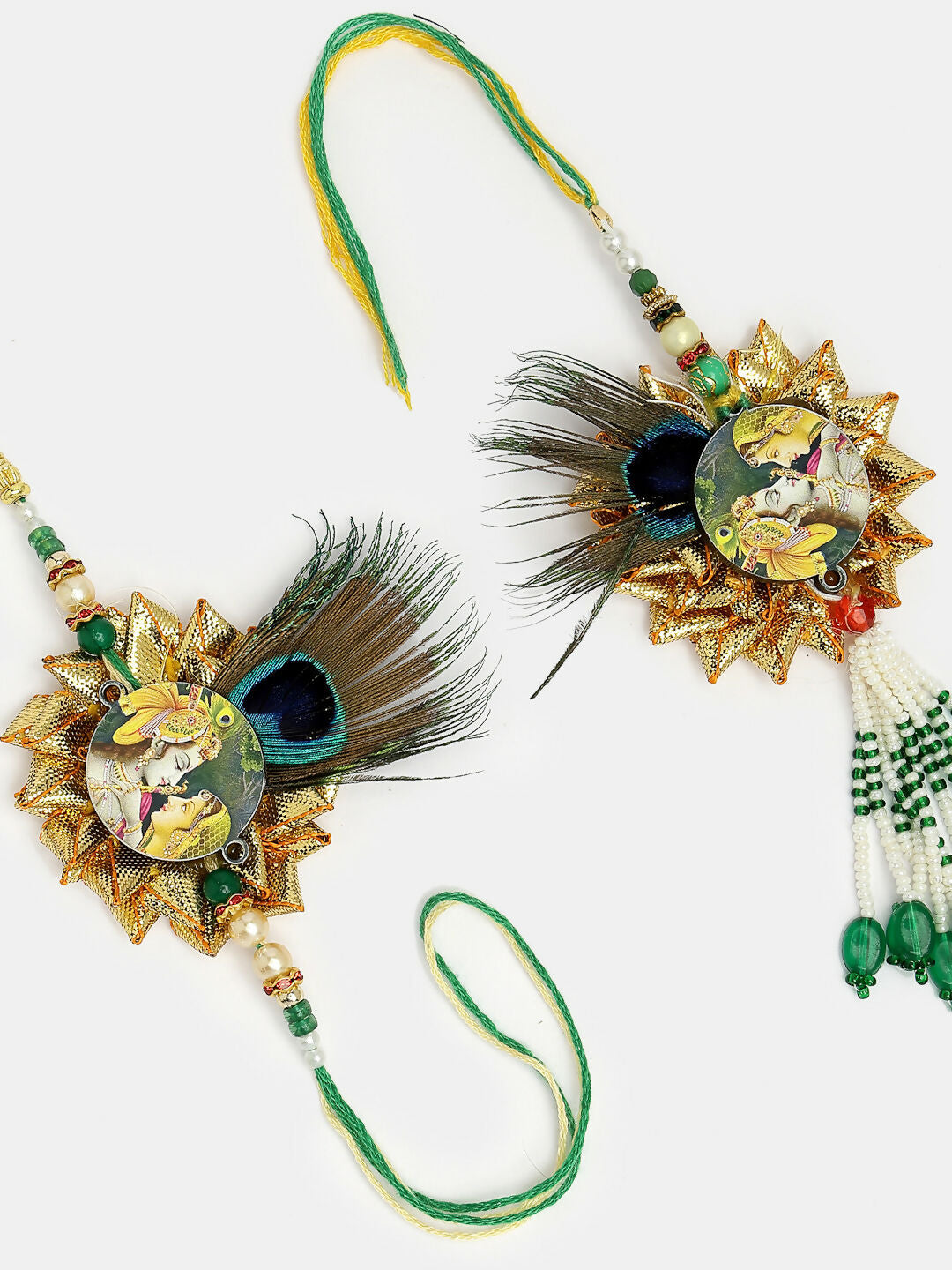 NVR Women & Men Set of 2 Green Radha Krishna Beaded Bhaiya Bhabhi Rakhi With Roli Chawal & Chocolate - Distacart