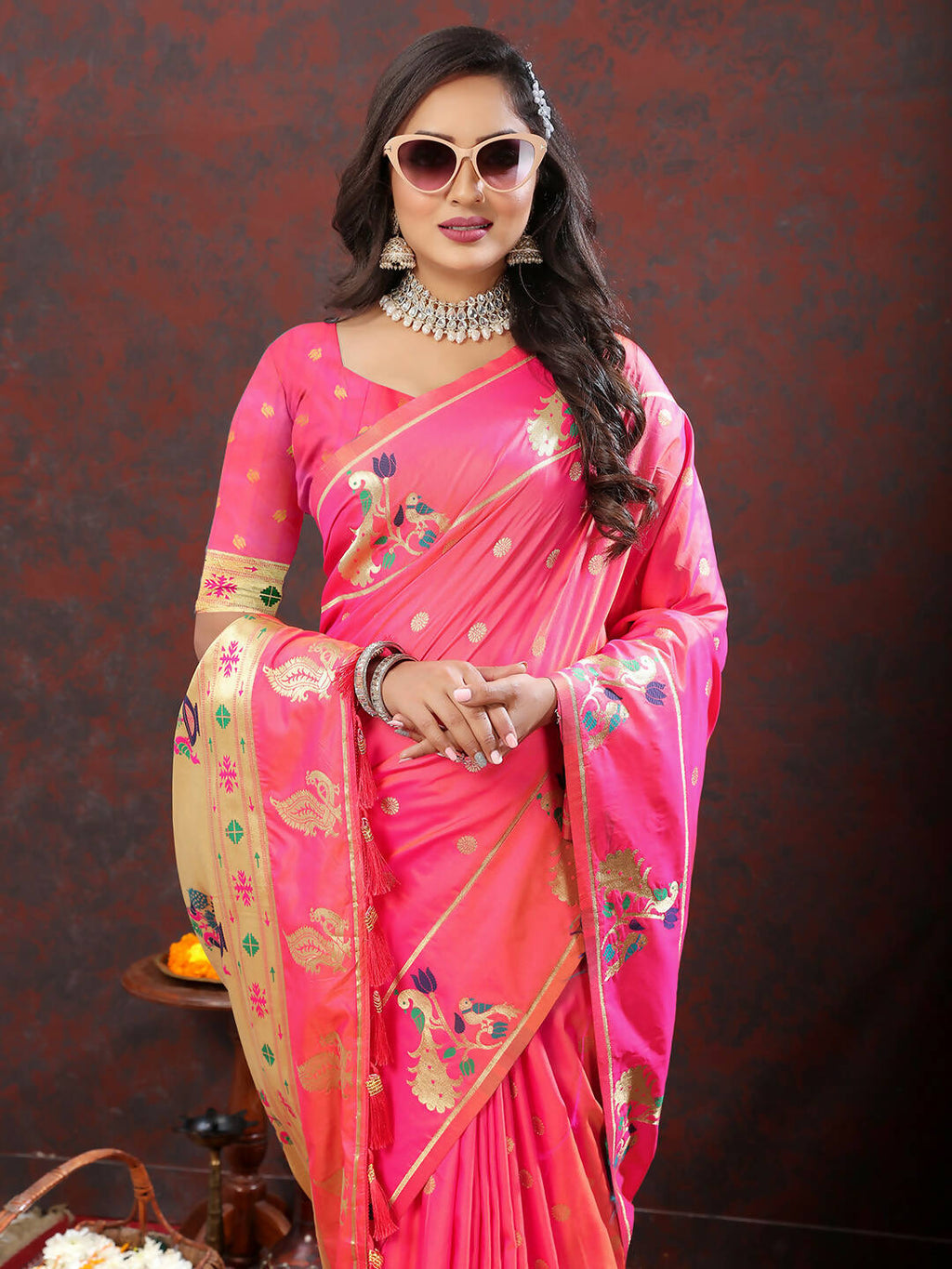 Lorenvalley Fashion Pink Soft Paithani Silk Woven Design Gold Zari Meenakari Weaving Saree