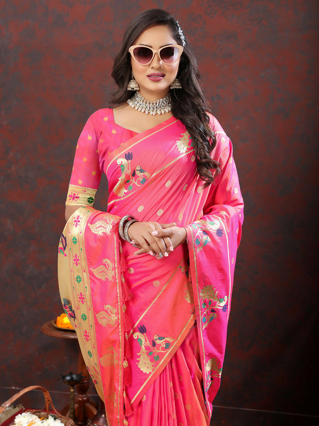 Lorenvalley Fashion Pink Soft Paithani Silk Woven Design Gold Zari Meenakari Weaving Saree