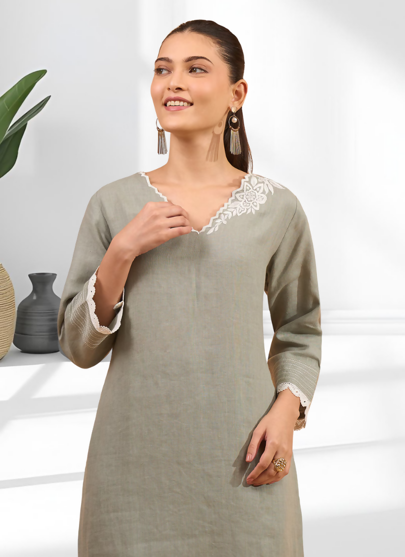 Joban Fashion Gray Linen Embroidered Readymade Long Kurta With Pant - Distacart