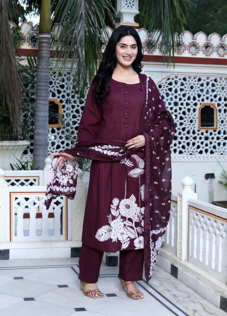 Miravan Women's Wine Pintucks Cotton Floral Elegant Straight Kurta and Palazzo with Dupatta Set