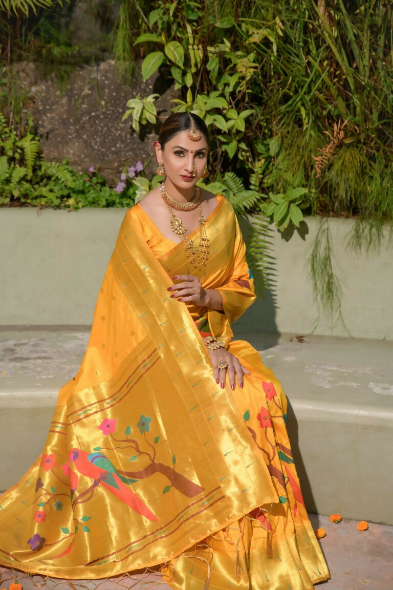 Jyoti Fashion Women's Yellow Paithani Silk Zari Woven Saree with Blouse