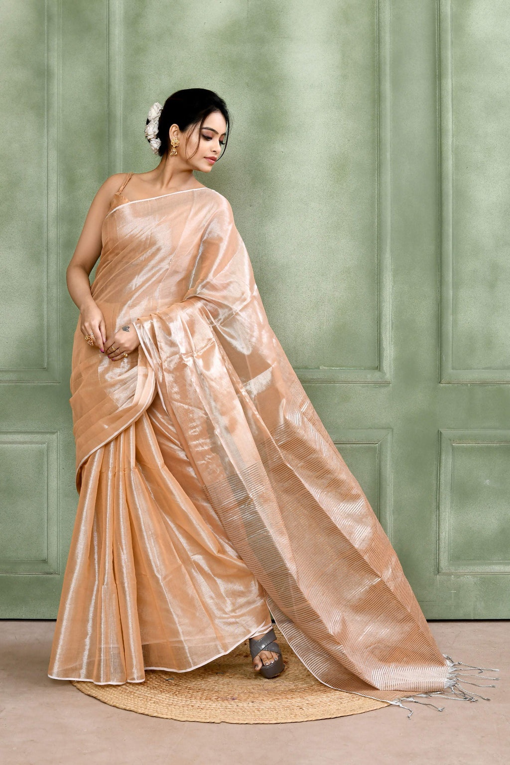 Piyari Fashion Women's Beige Dual Tone Organic Tissue Saree With Blouse Piece - Distacart