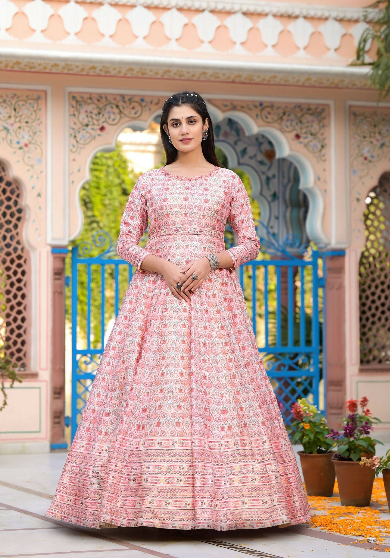 Functional Designer Off White-Light Pink Dola Silk Anarkali suit with Dupatta - Ramya