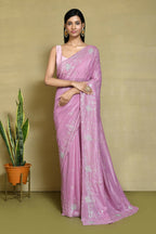 Pink Crepe Silk Sequence Embroidered with Stone work Saree - Nimaya Benzy
