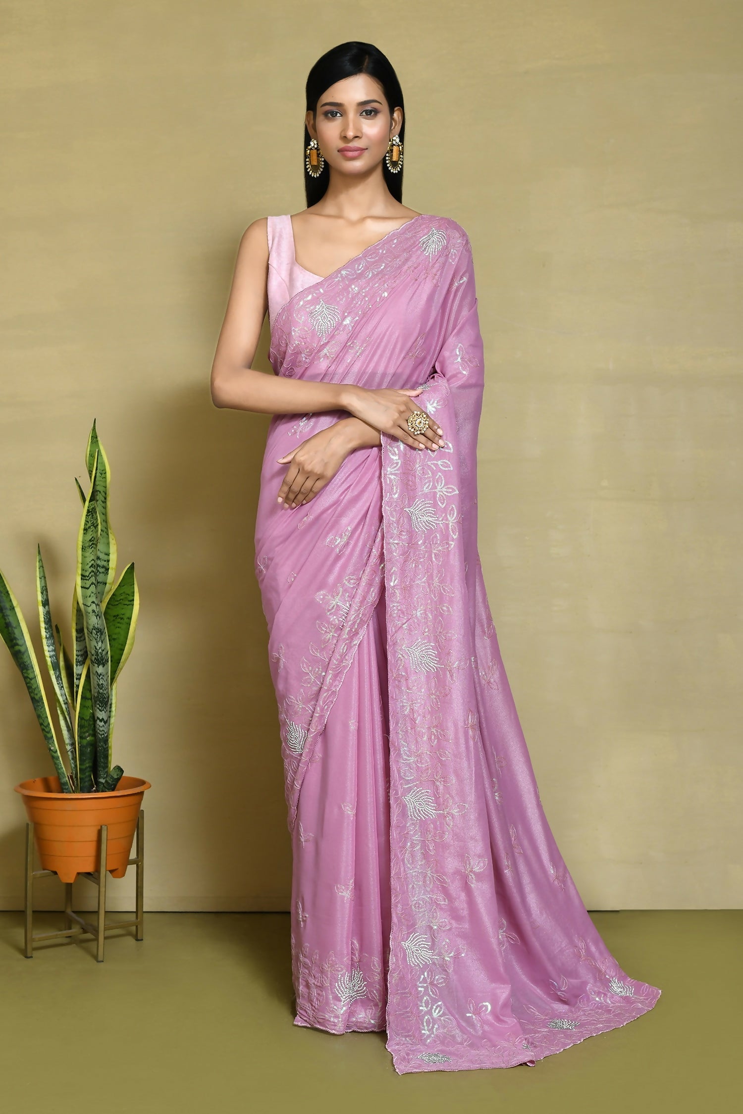 Pink Crepe Silk Sequence Embroidered with Stone work Saree - Nimaya Benzy