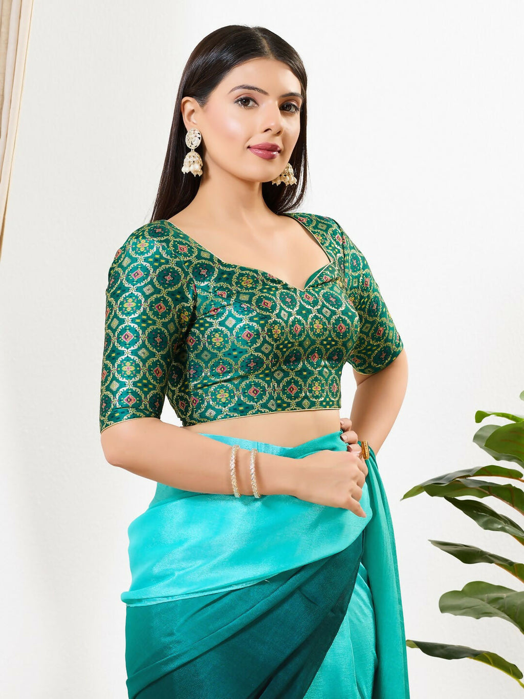 Joban Fashion Rama Green Brocade Padded Blouse With Sweetheart Neck Elbow Sleeves - Distacart
