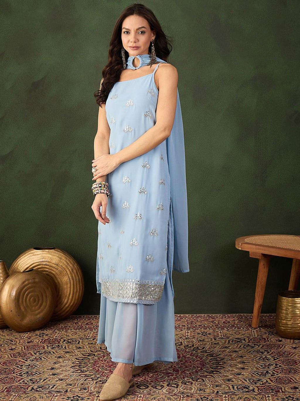 Sangria Sequined Straight Kurta & Sharara With Dupatta