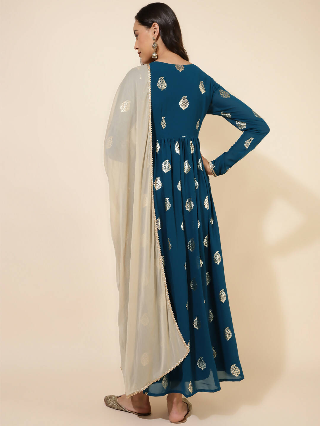 Janasya Women's Teal Blue Georgette Foil Printed Festive Flared Kurta Set