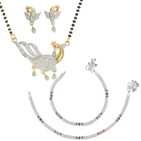 AanyaCentric Gold-Polished Mangalsutra Pendant Earring Set & Silver Plated Anklet