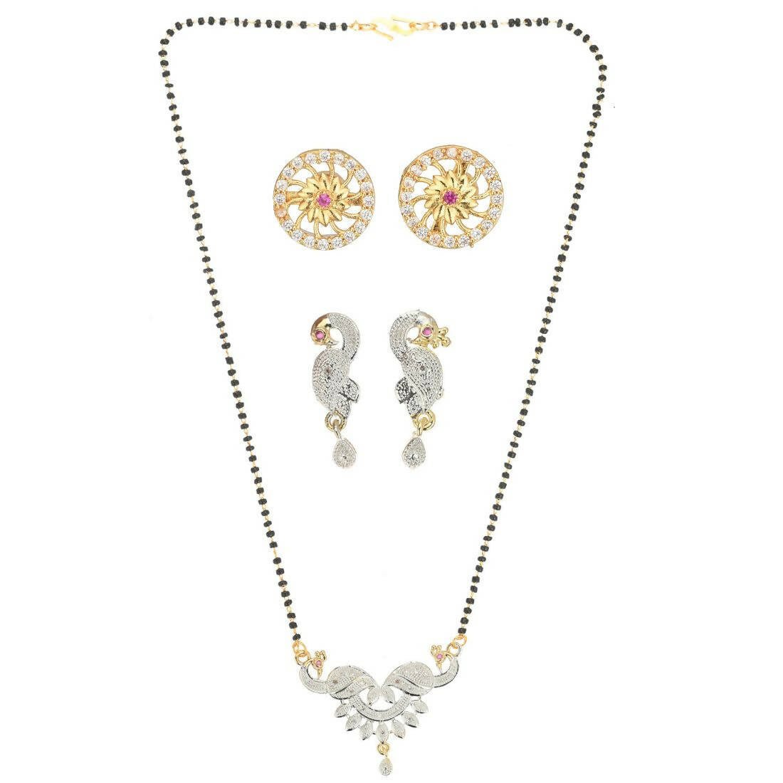AanyaCentric Gold-Polished Mangalsutra with Pendant, 2 Pair Earrings
