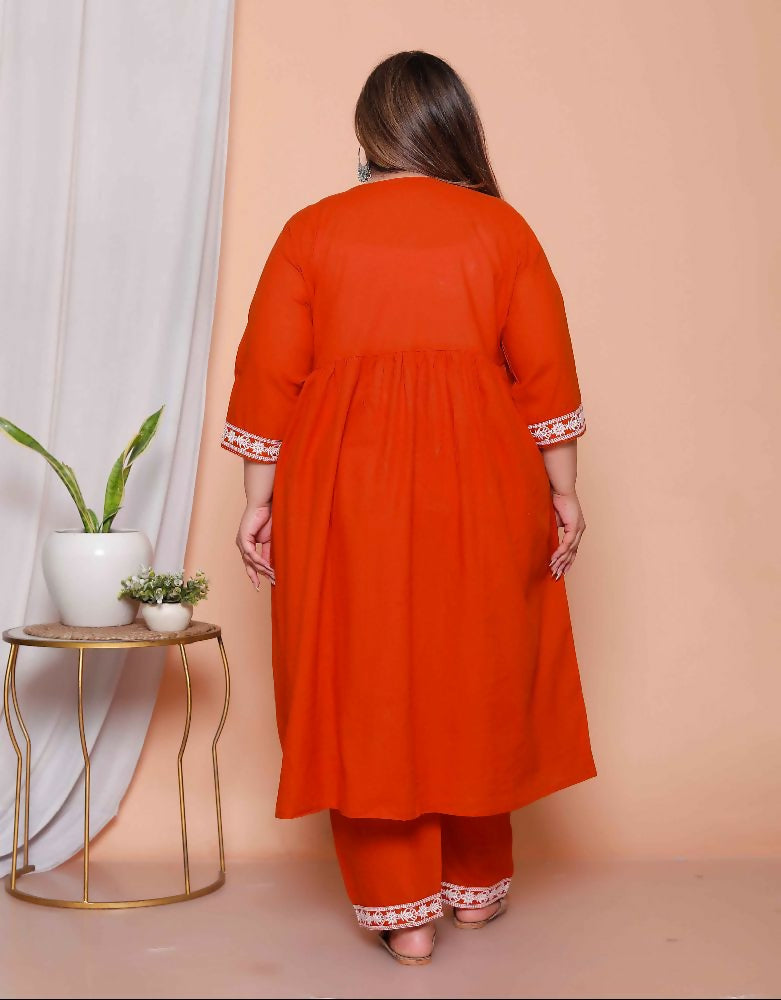Miravan Womens Plus Size Floral Embroidered Rust Straight Cotton Kurta & Palazzo With Dupatta Set - Distacart