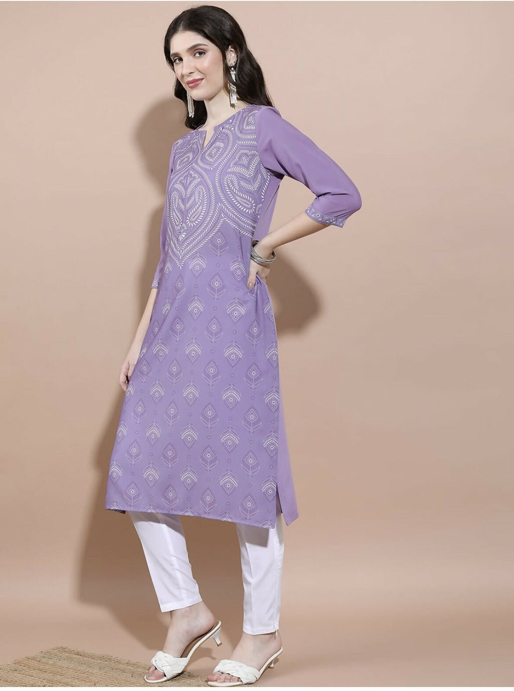 Cheera Women Stylish Hand Block Printed Cotton Blend Flared Kurta - Purpale