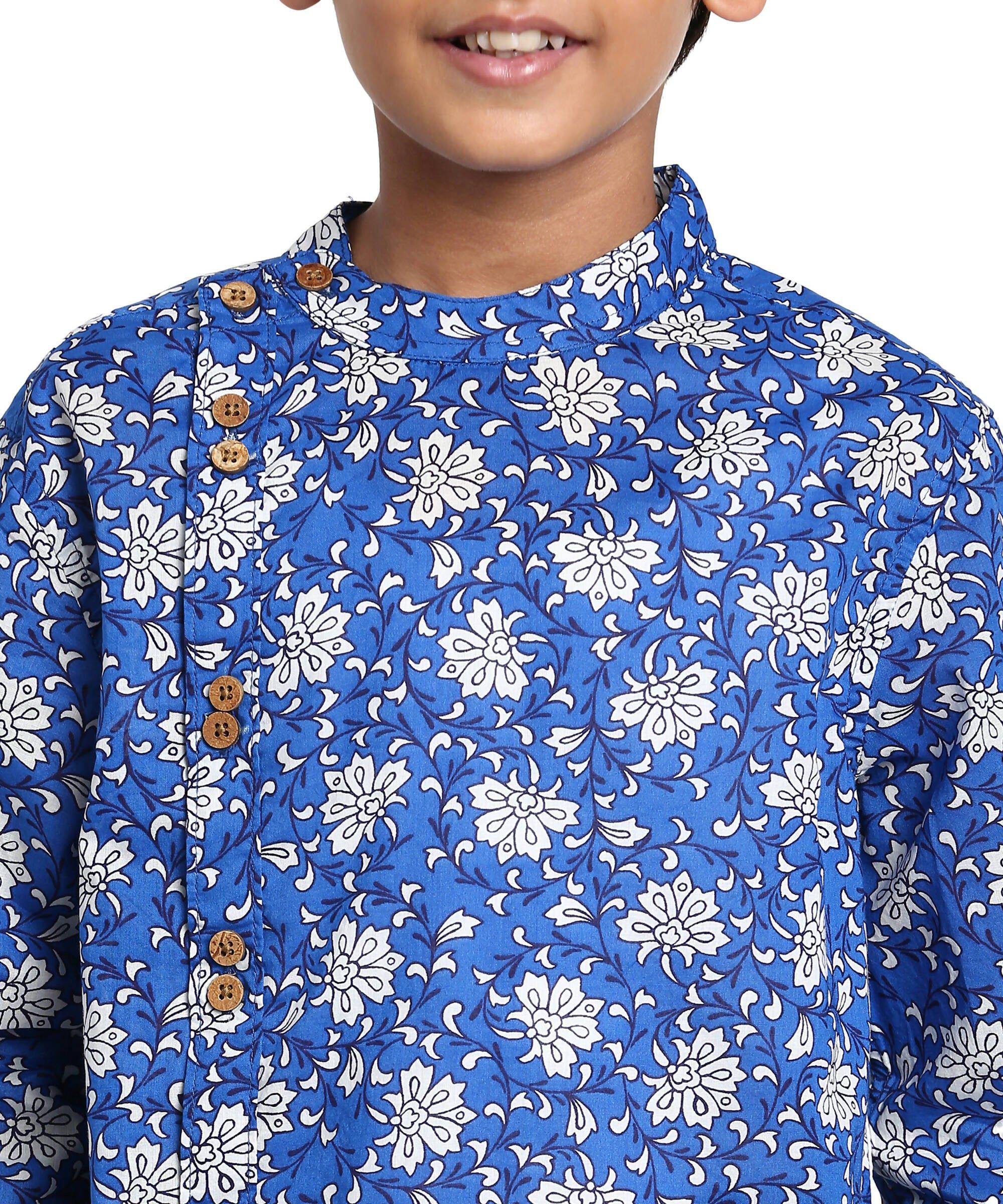 Manet Boys Full Sleeves Flower Printed Ethnic Shirt - Blue
