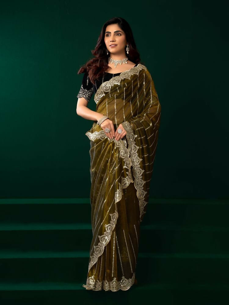 Joban Fashion Mehendi Green Net Party Wear Sarees - Distacart