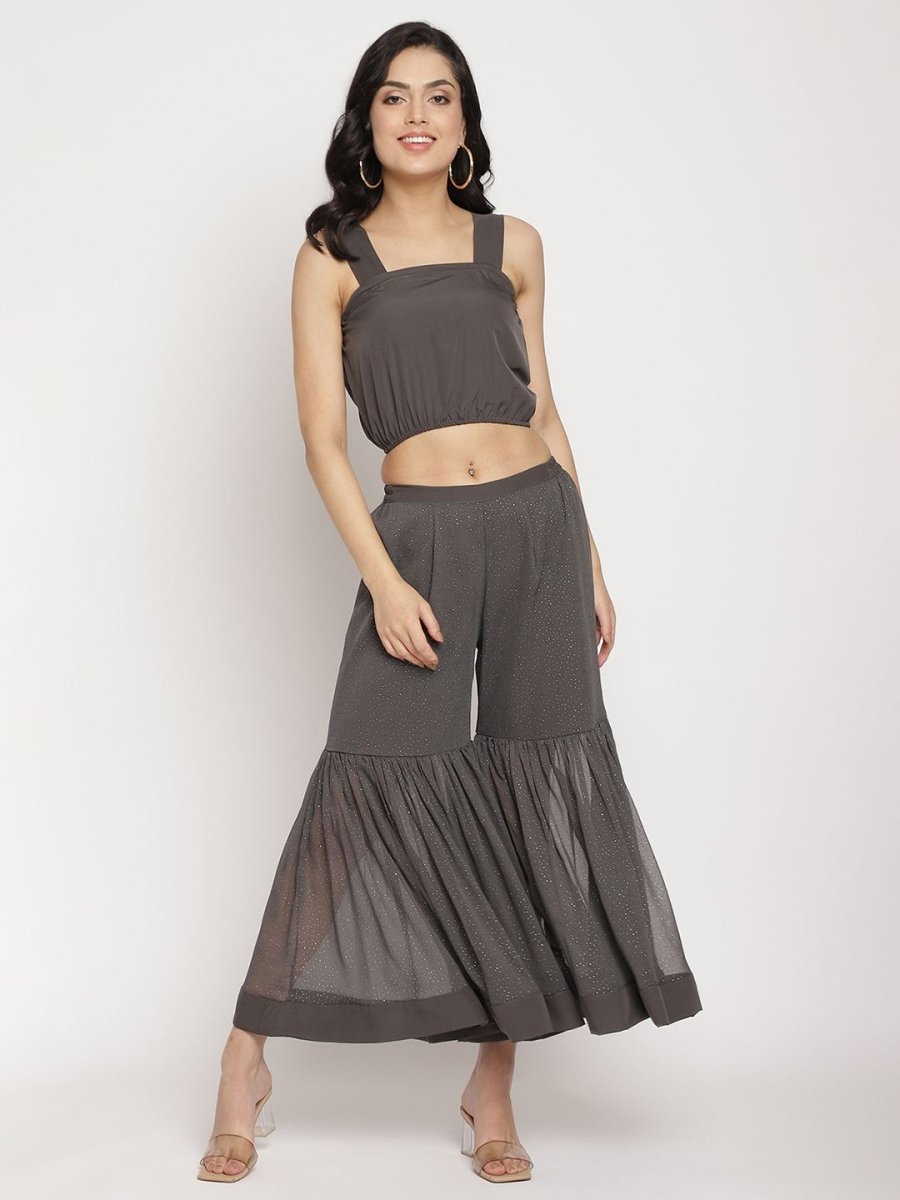 Ahalyaa Women Charcoal Grey Poly Chiffon Angrakha Kurta with Inner & Sharara - Distacart