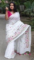 Exclusive Collection White Pure Cotton Handloom Embroidered Saree