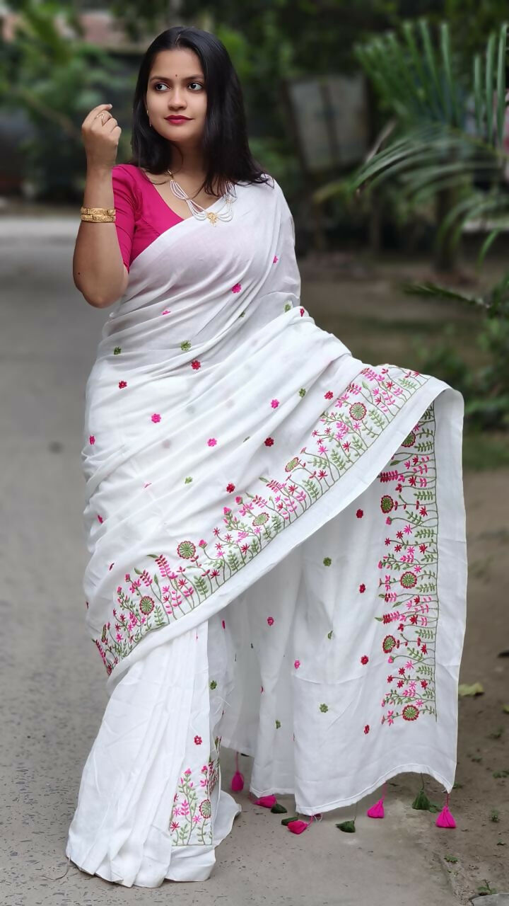 Exclusive Collection White Pure Cotton Handloom Embroidered Saree