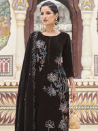 Jyoti Fashion Women's Brown Velvet Resham Thread with Jari & Sequin Kurta with Trouser & Dupatta