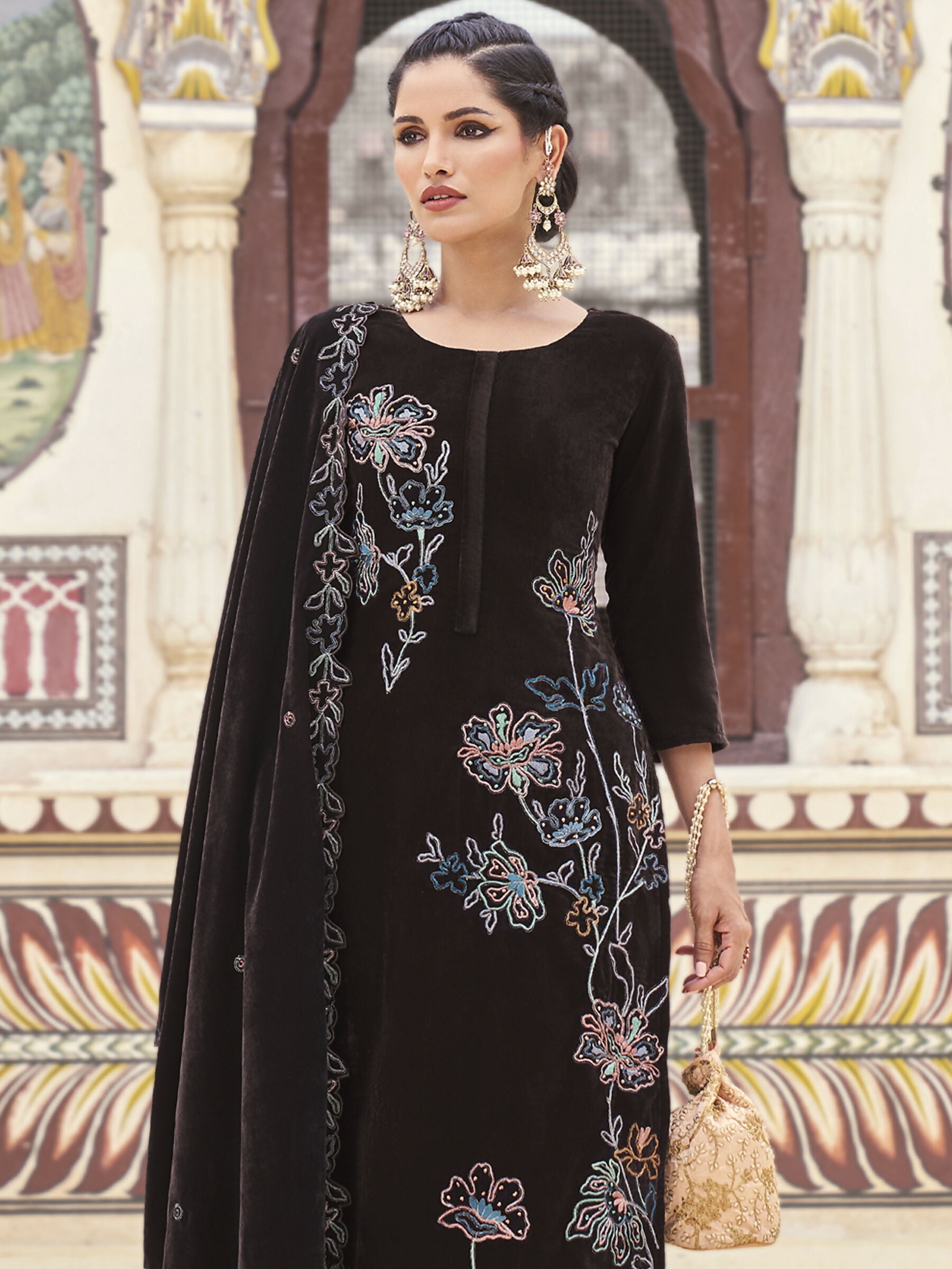 Jyoti Fashion Women's Brown Velvet Resham Thread with Jari & Sequin Kurta with Trouser & Dupatta