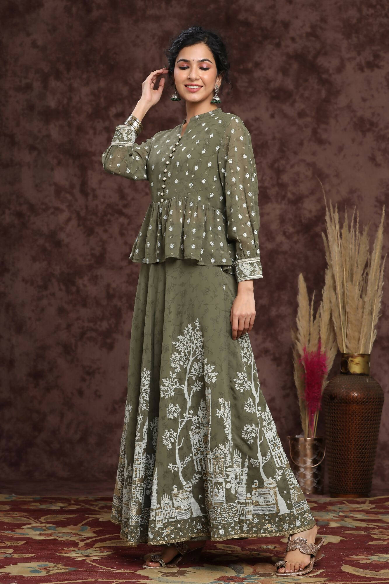 Juniper Women Olive Georgette Printed Flared Lehenga Choli Sets - Distacart