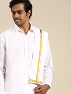 Ramraj Cotton Premium Wedding White Regular Dhoti, Shirt & Towel Set Arathi 1/2"