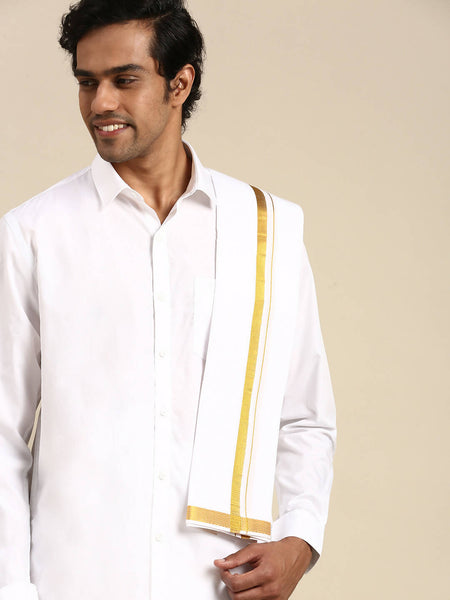 Ramraj Cotton Premium Wedding White Regular Dhoti, Shirt & Towel Set Arathi 1/2"