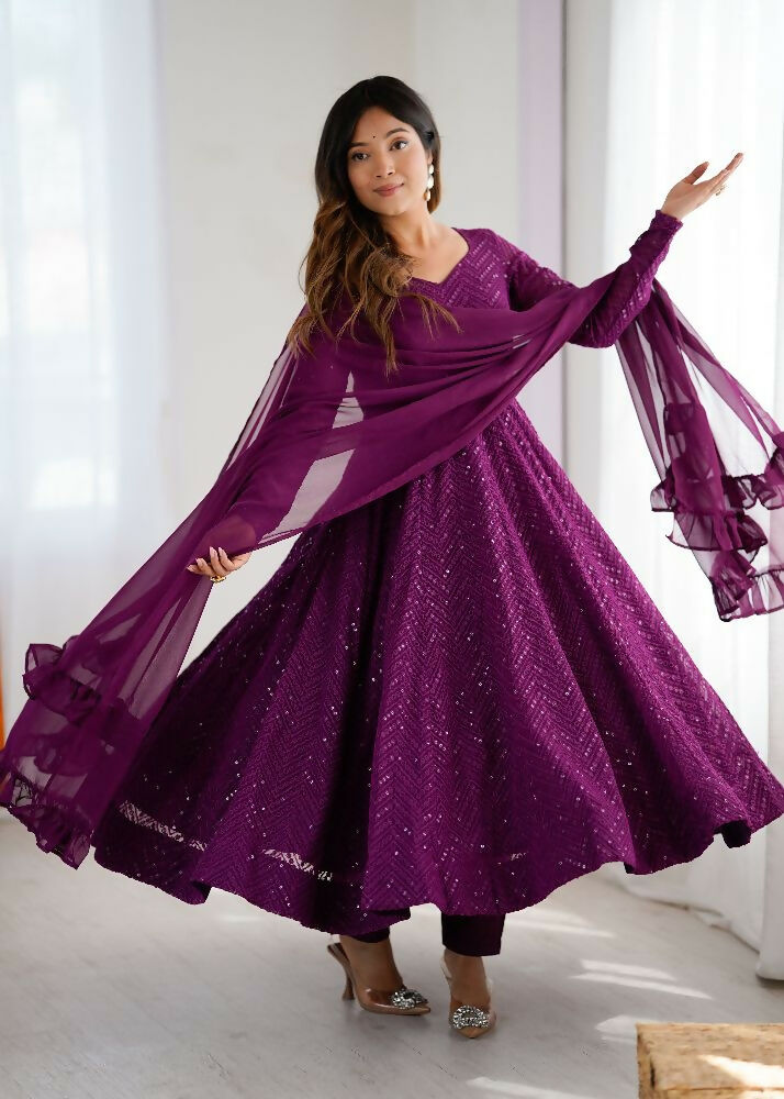 Joban Fashion Wine Kurta Set Georgette Sequence Embroidery Work - Distacart